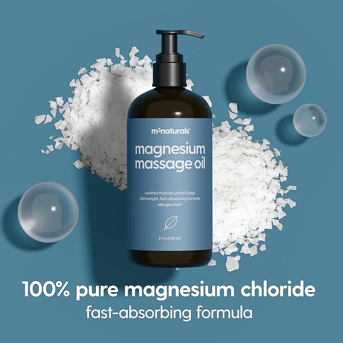 Magnesium Massage Oil for Sore Muscles, Feet, Joints and Leg Cramps, Helps with Sleeping and Post-Workout Recovery, for Sensitive Skin, 8 fl oz by M3 Naturals