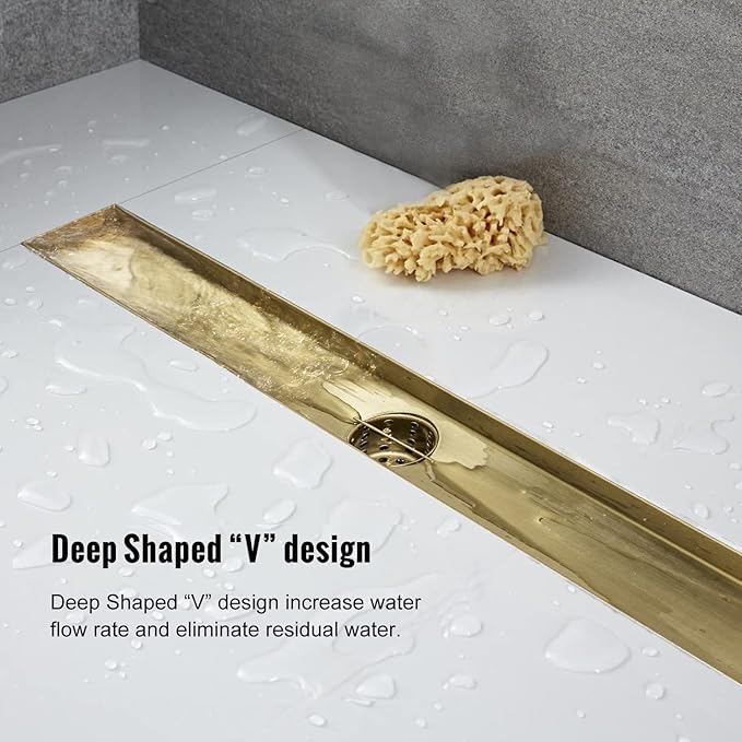 Linear Shower Drain, 32 inch Gold Drain with Tile Insert 2-in-1 Panel, Brushed 304 Stainless Steel Gold Shower Floor Drain, Linear Drain with Hair Strainer and Adjustable Feet