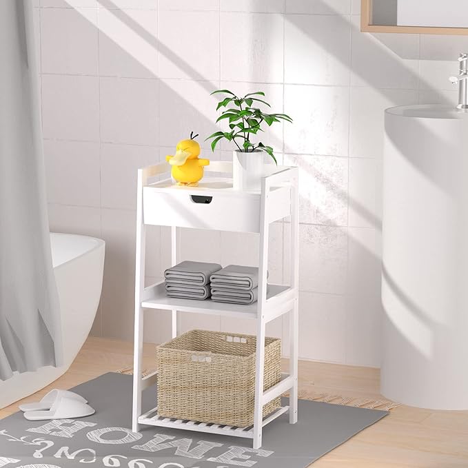 3 Tier Bamboo Bathroom Shelves with Drawer, Ladder Shelf for Bathroom Storage, Space-Saving Design, Stylish Display Nightstand, Stylish Storage Solution for Home, Living Room, Kitchen, Office
