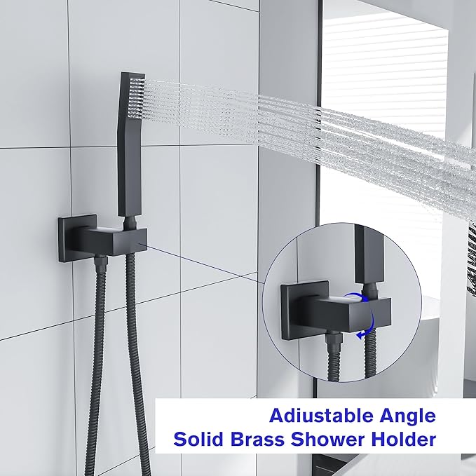 Lordear Rain Shower System 12 Inch Shower Head Faucet Set Matte Black Stainless Steel Square Wall Mounted Rainfall Shower Head with Handheld, Solid Brass Valve Included