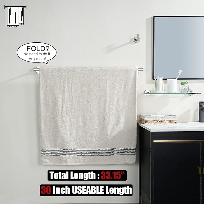 JQK Bath Towel Bar, 33 Inch 304 Stainless Steel Thicken 0.8mm Single Towel Rack for Bathroom, Towel Holder Brushed Steel Wall Mount, Useable Length 30 Inch 2 Pack, TB110L30-BN-P2