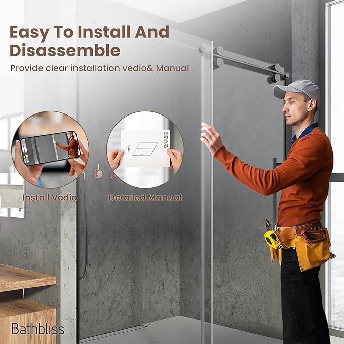 Bathbliss Glass Shower Door 56"-60" Wx76 H,Frameless Sliding Glass Door with 5/16"(8mm) Tempered Glass Shower with Matte Black Finish
