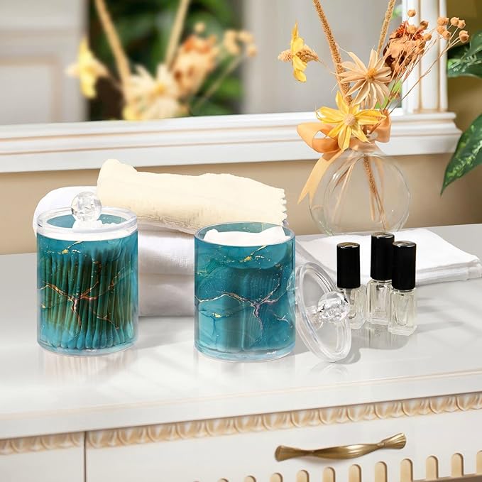 MNSRUU 2 Pack Qtip Holder Organizer Dispenser Blue Marble Abstract Fluid Art Bathroom Storage Canister Cotton Ball Holder Bathroom Containers for Cotton Swabs/Pads/Floss