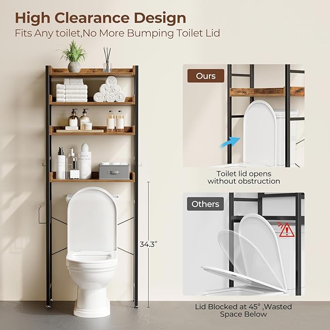 Rolanstar Over The Toilet Storage Rack, 3-Tier Bathroom Space Saver with Adjustable Shelves, Bathroom Organizer for Bathroom, Washroom, Rustic Brown