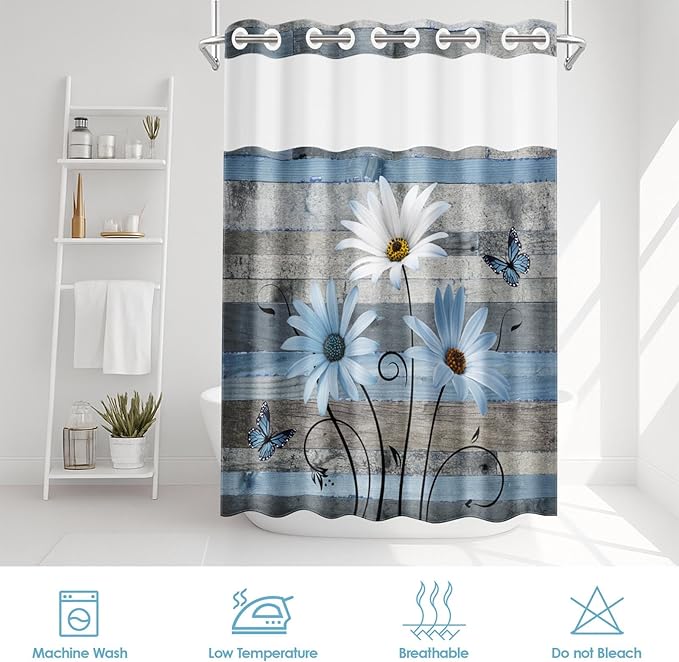 No Hook Blue Daisy and Butterfly Shower Curtain with Snap in Fabric Liner Set, Rustic Farmhouse Double Layers Waterproof Fabric with See Through Top Window Open Grommet Bath Curtain 54x80 Inch