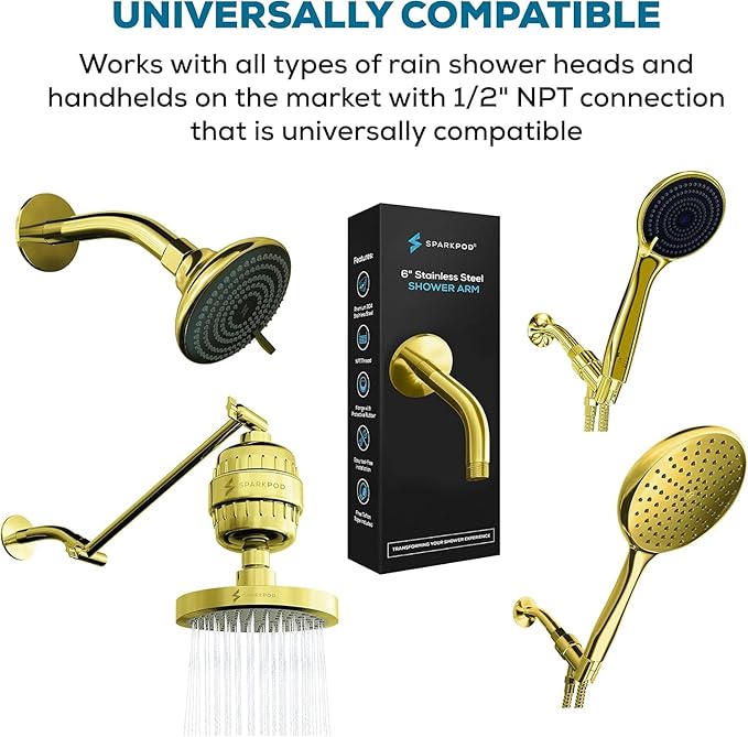 SparkPod 6 Inch Shower Arm with Flange - Solid Stainless Steel Shower Head Extension Arm - Wall-Mounted for Fixed & Handheld Showerheads - Teflon Tape Included (Standard 6", Egyptian Gold)