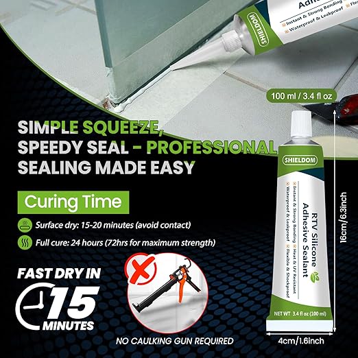 RTV Silicone Adhesive Sealant 100% Silicone Sealer All-Purpose Caulk Waterproof Stronger Adhesion, Shrink & Crack Proof Caulking for Car, Kitchen, Window, Bathroom, Door (Clear, 3.4 Fl. Oz.)