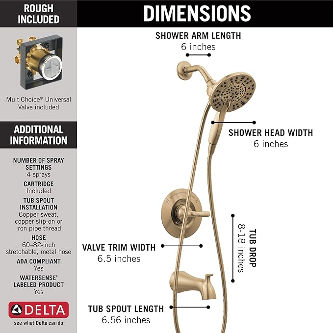 Delta Arvo 14 Series Brushed Gold Bathtub Shower Faucet Set with In2ition 2-in-1 Dual Shower Head with Handheld Spray Combo, Valve Trim Kit, Champagne Bronze 144840-CZ-I (Valve Included)