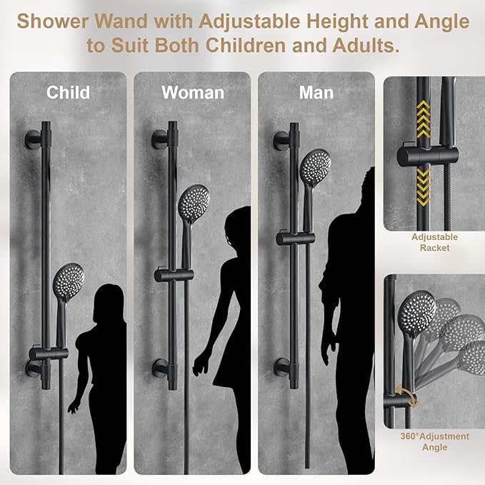 Adjustable Shower Slide Bar with 5-Function Handheld Shower Head, Stainless Steel Grab Slide Bar Combo with Extra Hose (Matte Black)