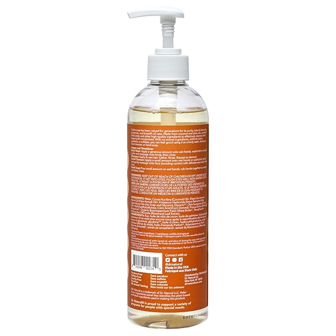 Dr. Natural Castile Liquid Soap - Multi-Use Body Wash, Shampoo and Face Wash - Hydrating Body Soap for Skin, Hair, Pets and Home - Almond - 16 oz
