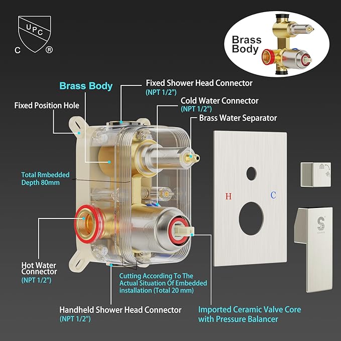 SR SUN RISE Shower System with 10" Rain Showerhead, Square Handheld Showerwith 16-Inch Slide Bar and 71-Inch Hose, Wall Mounted Shower Faucet Set Included Valve and Trim Kit, Brushed Nickel