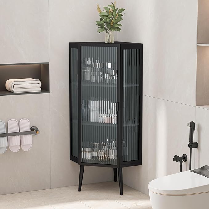 Corner Storage Cabinet with Glass Door, 31" & 43" Freestanding Triangle Floor Cabinet Modern Display Organizer Medicine Cabinets for Bathroom Living Room Bedroom (Black, 43')