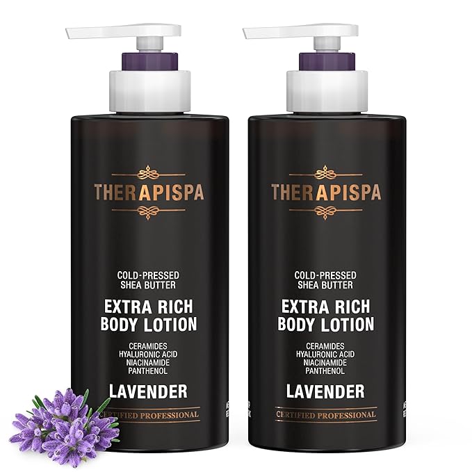 THERAPISPA Scented Body Lotion for Women – Calming Lavender Scented Moisturizer with Shea Butter, Ceramides & Panthenol to Soothe, Smooth & Comfort Dry Skin (Lavender, 17.0 fl oz)