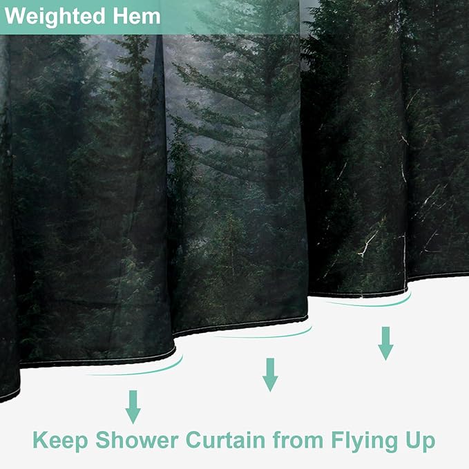 ORTIGIA 78 Inch Dark Green Misty Forest Shower Curtain for Bathroom, Nature Woodland Shower Curtain Set with Hooks, Decorative Pine Tree Fog Magic Bath Curtain, Waterproof Fabric, Weighted, 72x78