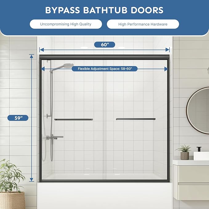 Bathtub Shower Door - 58-60" W×59" H Adjustable Aluminum Frame - 1/4 Tempered Glass with Clear Anti-Explosion Film - 4 Aluminum Rollers - Sliding Glass Door for Tub