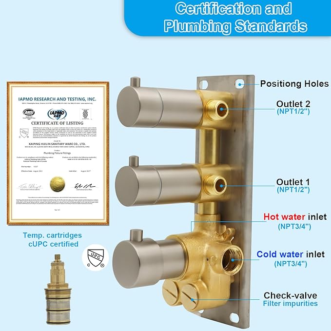 HOMEDEC Brushed Nickel 2 Way Shower Diverter Valve, Brass Dual Functions Thermostatic Shower Mixing Valve Kit 3 Handle Flow Control Valve, 3/4 Inch Inlet, Can Run Simultaneously