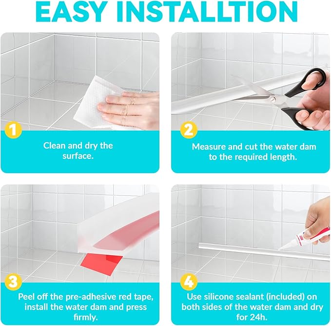 Shower Threshold Water Dam Barrier 39", Silicone Sealant Included, Collapsible Self-Adhesive Water Blocker, Shower Door Water Stopper for Floor Bathroom Kitchen Bathtub Sink