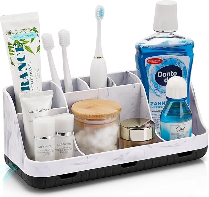 Marble Bathroom Countertop Organizer - Detachable 7 Slots Kids Electric Toothbrush and Toothpaste Holde Drainage for Bathroom Accessories Organization Counter Vanity Storage, Black