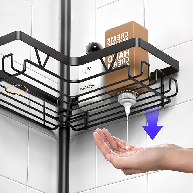 Corner Shower Caddy - 24 Hanging Hooks, Tension Pole Adjustable 25-114.2 Inch, Bathtub Organizer for Tub Corner - No Drilling, Black