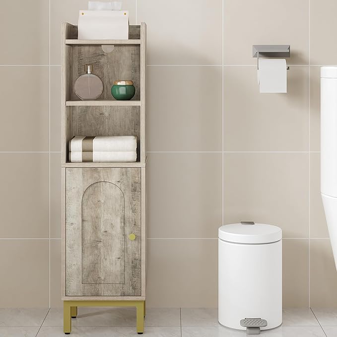 Bathroom Storage Cabinet, Small Corner Floor Cabinet with Door and Shelves, Narrow Toilet Paper Holder, Bathroom Organizer with Adjustable Shelf, for Small Spaces, Rustic Greige BC38205GV1