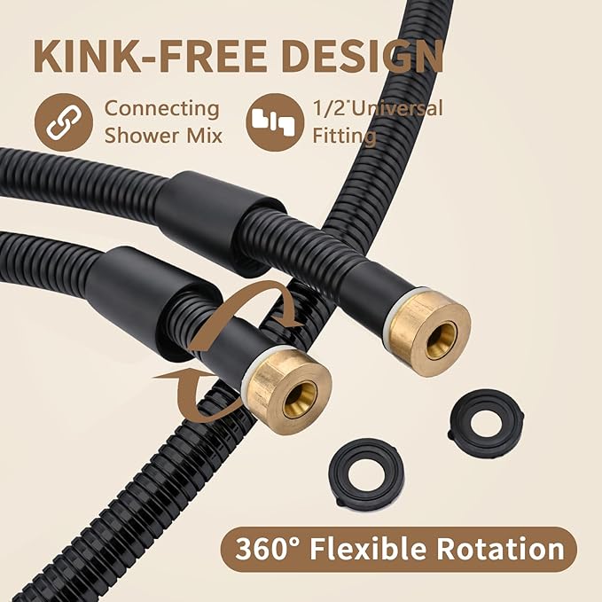 71-Inch Black Metal Shower Hose with Dual Cone Anti-Tangle Nuts: 304 Stainless Steels Design, Universal G1/2 Connector for Outdoor/Indoor Use -Suit for Home Gardening, Washing, Showering