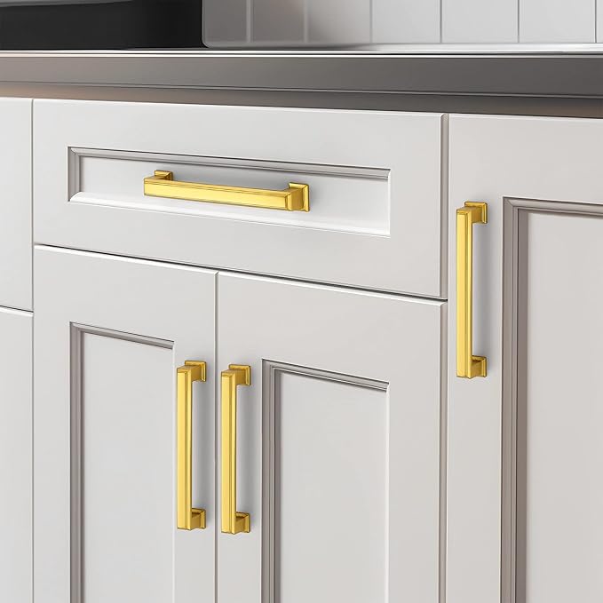Ravinte Hardware 10 Pack Brushed Brass Cabinet Pulls, 5 Inch (128mm) Hole Center Zinc Alloy Drawer Handles for Kitchen Cabinets, Cupboards, Dressers, Square Solid Metal Hardware