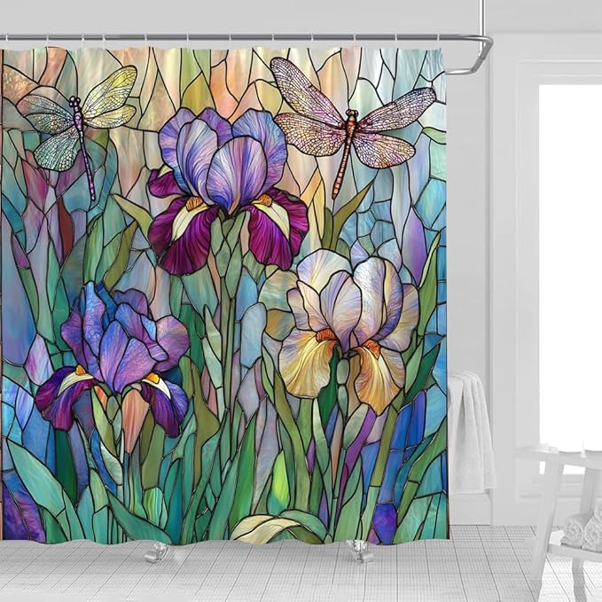 Stained Glass Shower Curtain Artistic Iris Dragonfly Purple Floral Green Leaves Abstract Nature Plant Spring Summer Modern Botanical Fabric Bathroom Decor Curtains with Hooks,80 x 70