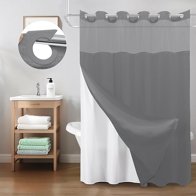 Inhousolu Stall No Hook Shower Curtain with Snap in Fabric Liner Set Waffle Weave 230GSM Weighted Hem, Waterproof & Washable Bathroom Curtain Spa Luxury with Mesh Top Window 36" W x 72" L Grey