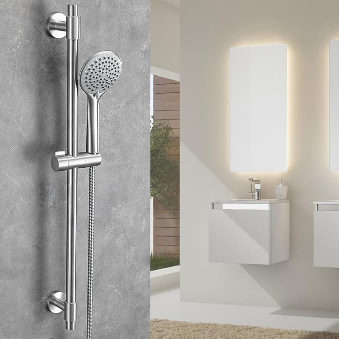 Adjustable Shower Slide Bar with 5-Function Handheld Shower Head, Stainless Steel Grab Slide Bar Combo with Extra Hose (Brushed Nickel)