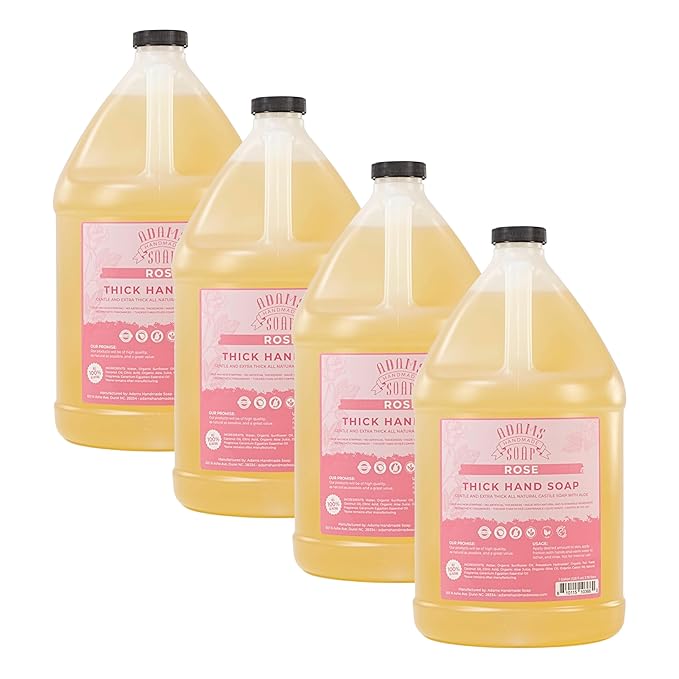Adams Handmade Soap Thick Organic Castile Liquid Hand Soap 1 Gallon Refill - Rose (Pack of 4)