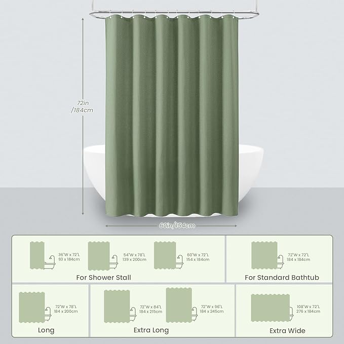 Inhousolu Fabric Shower Curtain Waffle Weave, Sage Green 230 GSM Heavy Duty, Weighted Hem, 12 Metal Hooks, Water Repellent, Machine Washable, Hotel Spa Luxury Bath Curtain Set, 60 x 72 Inch