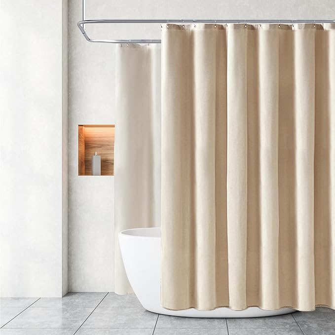 Linen Ivory Shower Curtain Cream, Linen Textured Heavy Duty 230GSM Fabric Shower Curtain Set, Boho Farmhouse Shabby Chic Rustic Shower Curtains for Bathroom Waterproof Decorative - 108"x72" Beige