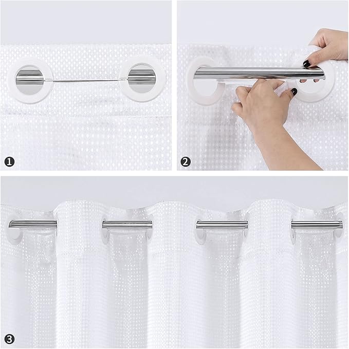 MitoVilla No Hooks Required Extra Long Shower Curtain Liner Set, 86 inch XL White Waffle Heavyweight Fabric Cloth Shower Curtains Set with Snap-in Liner for Modern Luxury Hotel & Spa Bathroom Decor