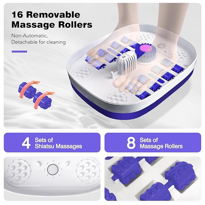 KNQZE Collapsible Foot Spa with Heat, Remote Control, Temperature Control, Bubbles, Pumice Stone, Red Light, Timer, 16 Massage Roller Pedicure Foot Bath Tub Foot Soaker for Feet Stress Relief, Purple