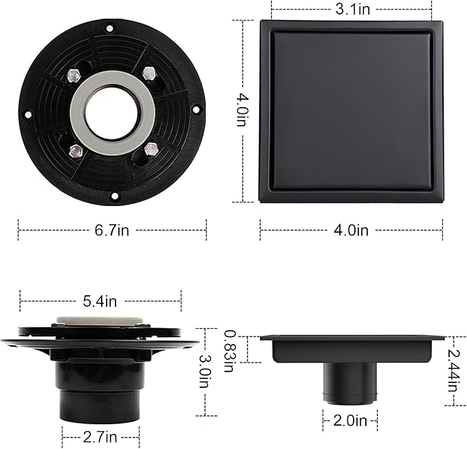 4 Inch Square Shower Floor Drain, Shower Drain Kit with Flange and 2 in 1 Tile-Insert Cover, Square Shower Drain, SUS 304 Stainless Steel Floor Drain,Matte Black