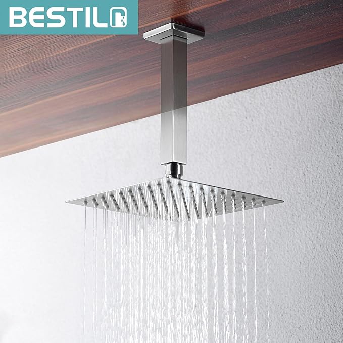 BESTILL 6 Inch Brushed Nickel Ceiling Mount Shower Arm and Flange, Square Rain Shower Arm