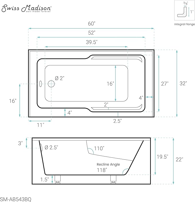 Voltaire 60" X 32" Left-Hand Drain Alcove Bathtub with Apron in Bisque