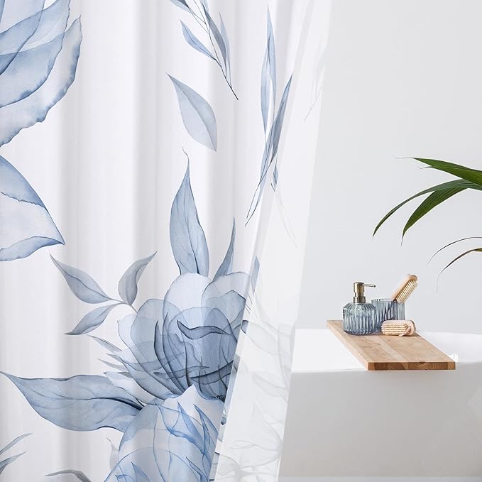 Small Stall Boho Watercolor Floral Shower Curtain 36 x 72, Blue and Grey Ink Painting Style Flower Shower Curtains for Chic Elegant Bathroom, Artistic Narrow Half Size Shower Curtain