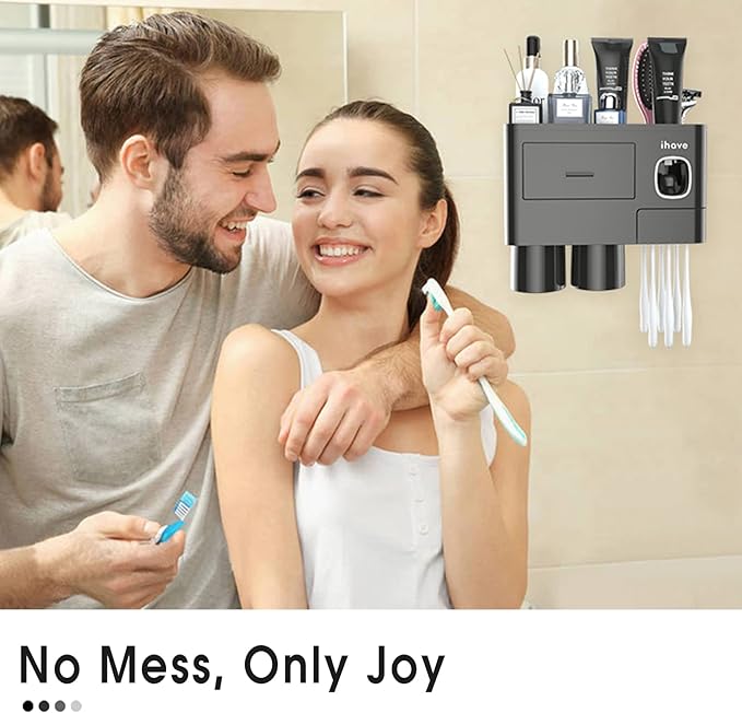 iHave Toothbrush Holders for Bathrooms, 2 Cups Toothbrush Holder Wall Mounted with Toothpaste Dispenser - Large Capacity Tray, Cosmetic Drawer - Tooth Brushing Holder & Bathroom Accessories
