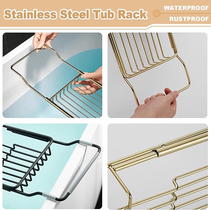 Stainless Steel Bathtub Caddy Tray, Expandable Bath Tub Tray Table, Adjustable Bathroom Tray, Bath Organizer Tub Shelf,Black,26.8~35.4in