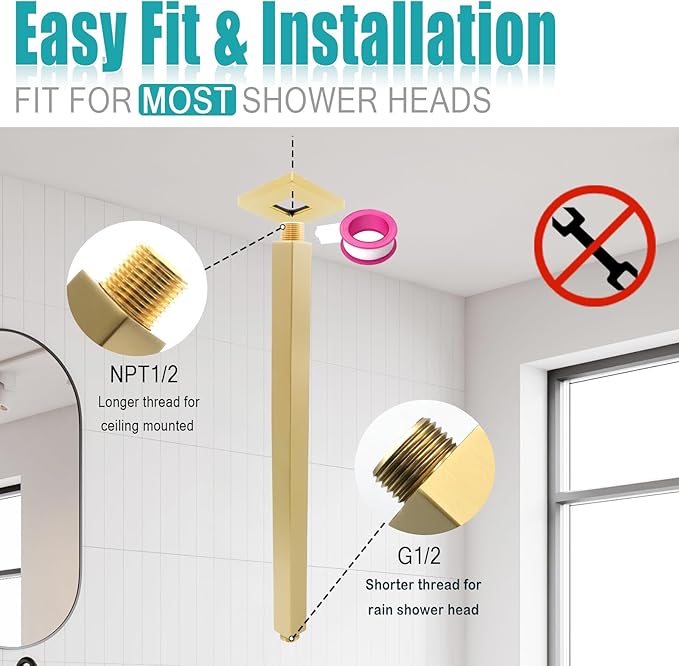 Brushed Gold Shower Arm with Flange and Teflon Tape for High Ceiling or Fixed Rain Showerhead, Universal Connection 16-inch Square Straight Shower Head Extender Extension Pipe, 304 Stainless Steel