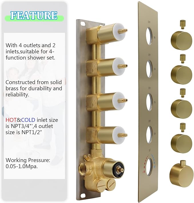 HOMEDEC 4 Way Shower Valve Rough-In and Trim Kit, 5 Handle Control Thermostatic Shower Mixing Valve with Diverter can Work at the Same Time, Brushed Gold
