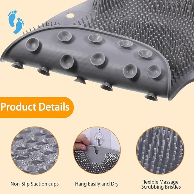 Shower Foot Scrubber Mat with Non-Slip Suction Cups, Exfoliating Foot and Back Washer Pad for Bathtub and Shower Floor (Gray)