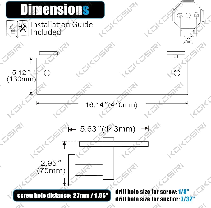 KOKOSIRI Bathroom Shelves Glass Floating Shelf 16-Inch for Bedroom Living Room Kitchen Hanging Rack Rustproof Wall Mounted Black 2 Pack B1105BK-L16-P2
