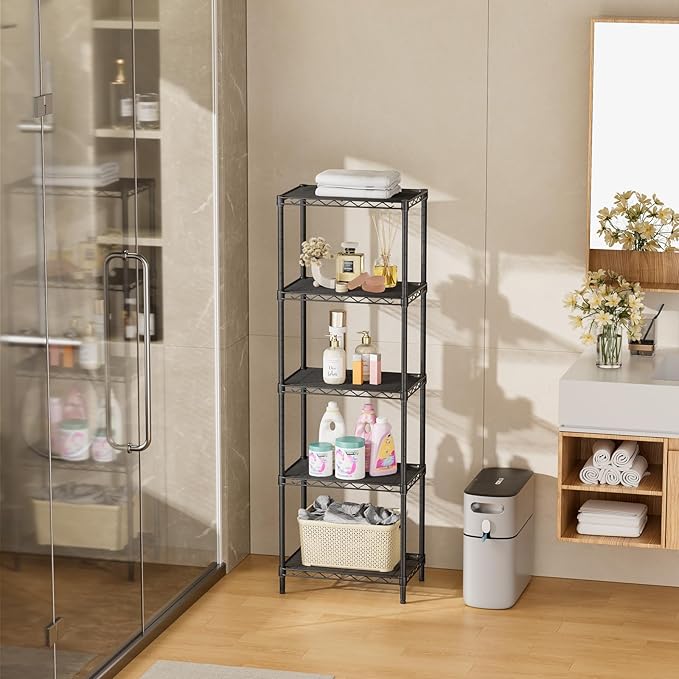 SINGAYE Metal Shelves Wire Shelving：Storage Rack Standing Units Shelf for Kitchen Laundry Bathroom Closet Organizers Pantry Narrow Mesh Adjustable 10" D x 16" W x 55" H Black