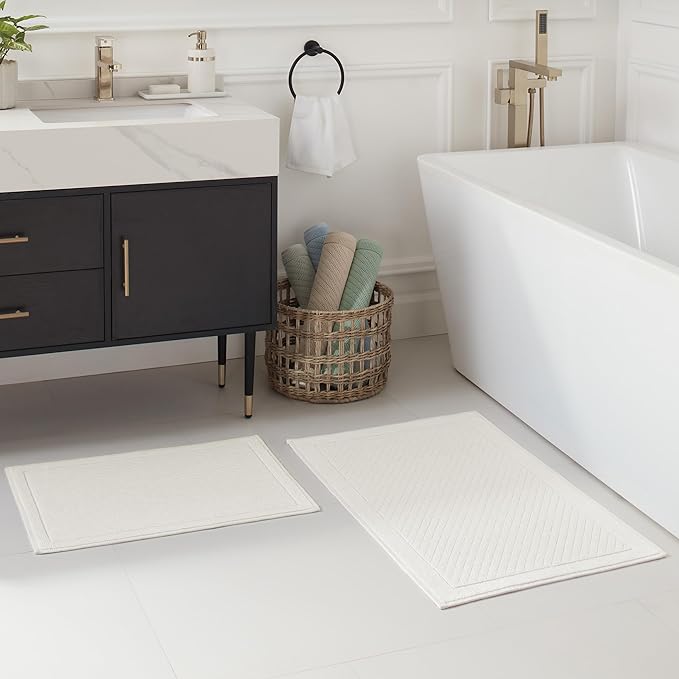 Arkwright 100% Cotton Bathroom Rug - High Absorbent Stylish Textured Woven Design Bath Mat, Slip Resistant Backing for Shower and Bathtub Floor, 17x24 in - White