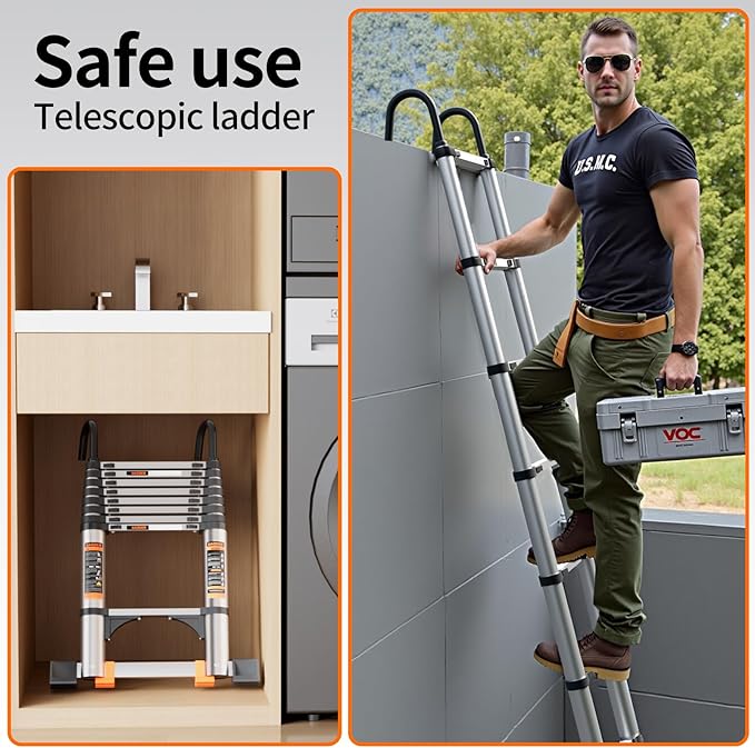 Telescoping Ladder,Aluminum Ladder with stabilizer bar,Lightweight Multi-Purpose Extension Ladder,Heavy Duty 330lbs Max Capacity,Collapsible for RV or Outdoor (16.5FT)