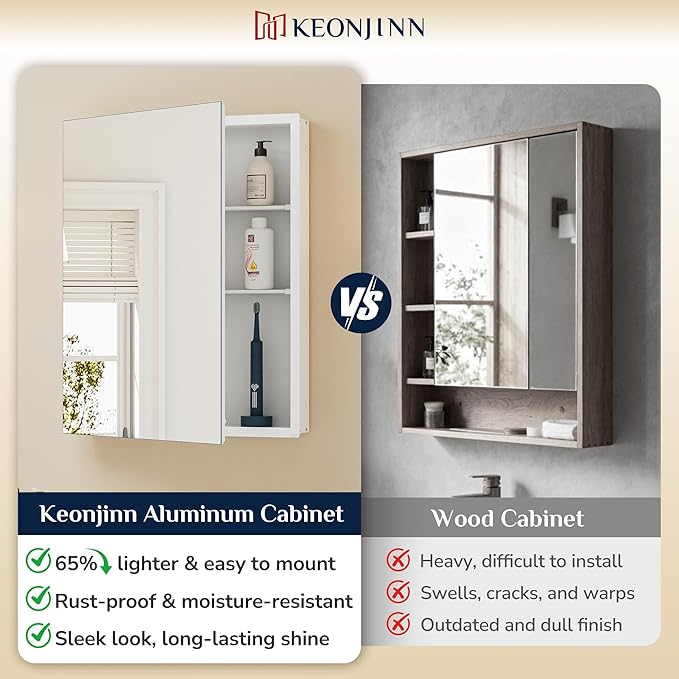 Keonjinn 16 x 24 Inch White Medicine Cabinet Mirror, Assembly Required, Modern Medicine Cabinets for Bathroom, Lightweight, Adjustable Shelves, HD Tempered Glass, Recessed or Surface Mount