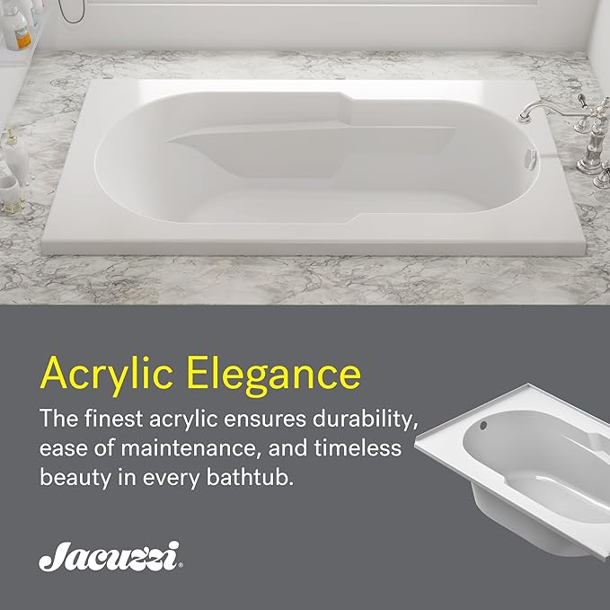 Jacuzzi SIGNATURE Acrylic Drop-In Bathtub, Soaking Sanctuary, Slip Resistant, Universal Drain Placement, 60" (L) x 36" (W), Rectangle, White