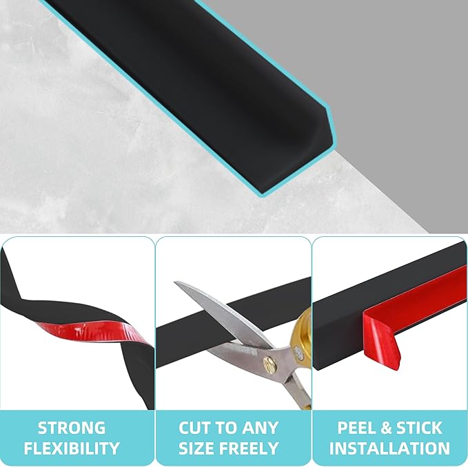 Shower Threshold Water Dam,Walk in Shower Water Guard, Shower Dam Water Barrier Bathroom Sink Splash for Dry And Wet Separation Caulk Seal Strip Edge Trim (78Inch, Black)
